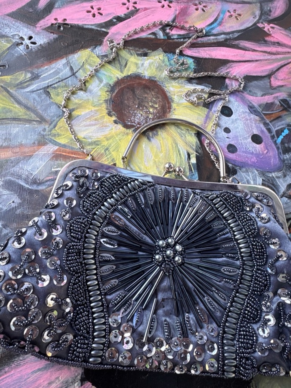 Embroidered Beaded Evening Clutch Bag in Gunmetal
